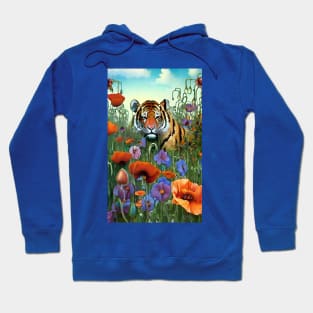 Cool tiger in a field of wildflowers and poppies - Exotic Tiger Hoodie